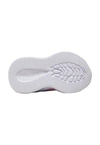 Σόλα αθλητικού παπουτσιού Skechers από λευκό καουτσούκ με υφή πέλματος και ανάγλυφο λογότυπο, με σχεδιασμό κυρτής άκρης.