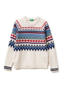 Pletený svetr v krémové barvě s barevnými geometrickými vzory. Obsahuje červené, modré a zelené detaily, kulatý výstřih a žebrované manžety a lem.