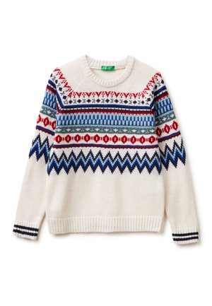 Strickpullover in Creme mit bunten geometrischen Mustern. Mit roten, blauen und grünen Akzenten, Rundhalsausschnitt sowie Rippbündchen und Saum.