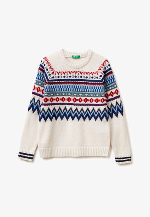 Sweter dzianinowy w kolorze kremowym z wielokolorowymi wzorami geometrycznymi. Posiada czerwone, niebieskie i zielone akcenty, okrągły dekolt oraz ściągacze przy rękawach i u dołu.