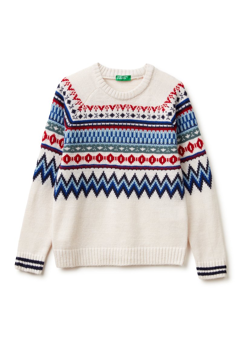 Pletený svetr v krémové barvě s barevnými geometrickými vzory. Obsahuje červené, modré a zelené detaily, kulatý v�ýstřih a žebrované manžety a lem.