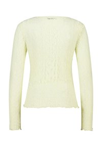 Pale yellow long-sleeve lace top with scalloped edges and floral pattern, shown from the back on white background.