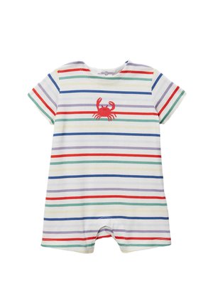 Combinaison à manches courtes rayée en blanc, avec des rayures horizontales rouges, bleues, vertes et jaunes, et un graphique de crabes rouges sur le devant.