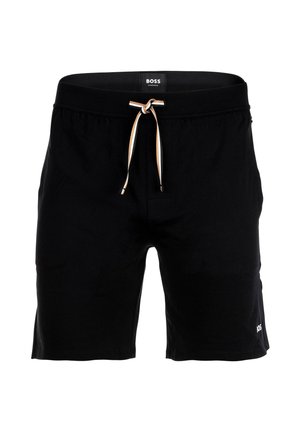 Pantaloni da nuoto neri realizzati in materiale leggero, con vita regolabile tramite cordoncino, dettagli bianchi e arancioni e tasche laterali.