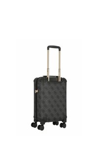Valigia a rotelle in tessuto nero con un motivo geometrico, dotata di manico retrattile, quattro ruote e una combinazione di serratura laterale.