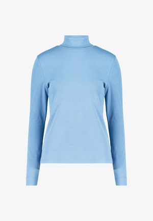 Svetlomodrý dlhý rukáv s rolákovým golierom vyrobený z mäkkej tkaniny. Má priliehavý strih a bezšvový dizajn, s hladkou textúrou.