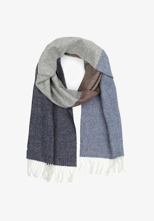 Geweven sjaal met grijze, bruine en marineblauwe tinten in een visgraatpatroon, afgewerkt met witte franjes voor textuur.