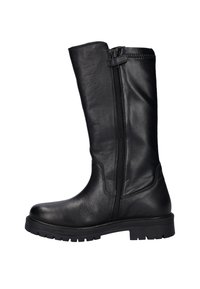 Zwarte leren kniehoge laars met een zijrits, ronde neus, chunky zool en een gestructureerde afwerking. Eenvoudig ontwerp met minimale hardware.