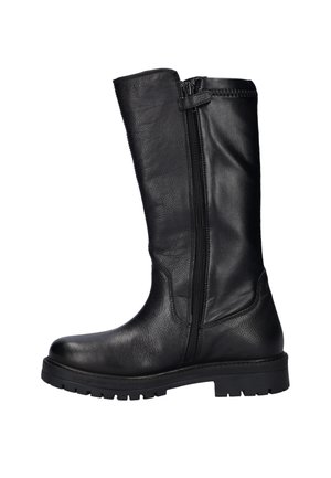 Botte en cuir noir, montante jusqu'au genou, avec une fermeture éclair sur le côté, bout rond, semelle chunky et finition texturée. Design simple avec un minimum de matériel.
