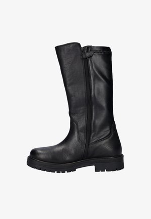 Black leather knee-high boot with a side zipper, round toe, chunky sole, and textured finish. Simple design with minimal hardware.