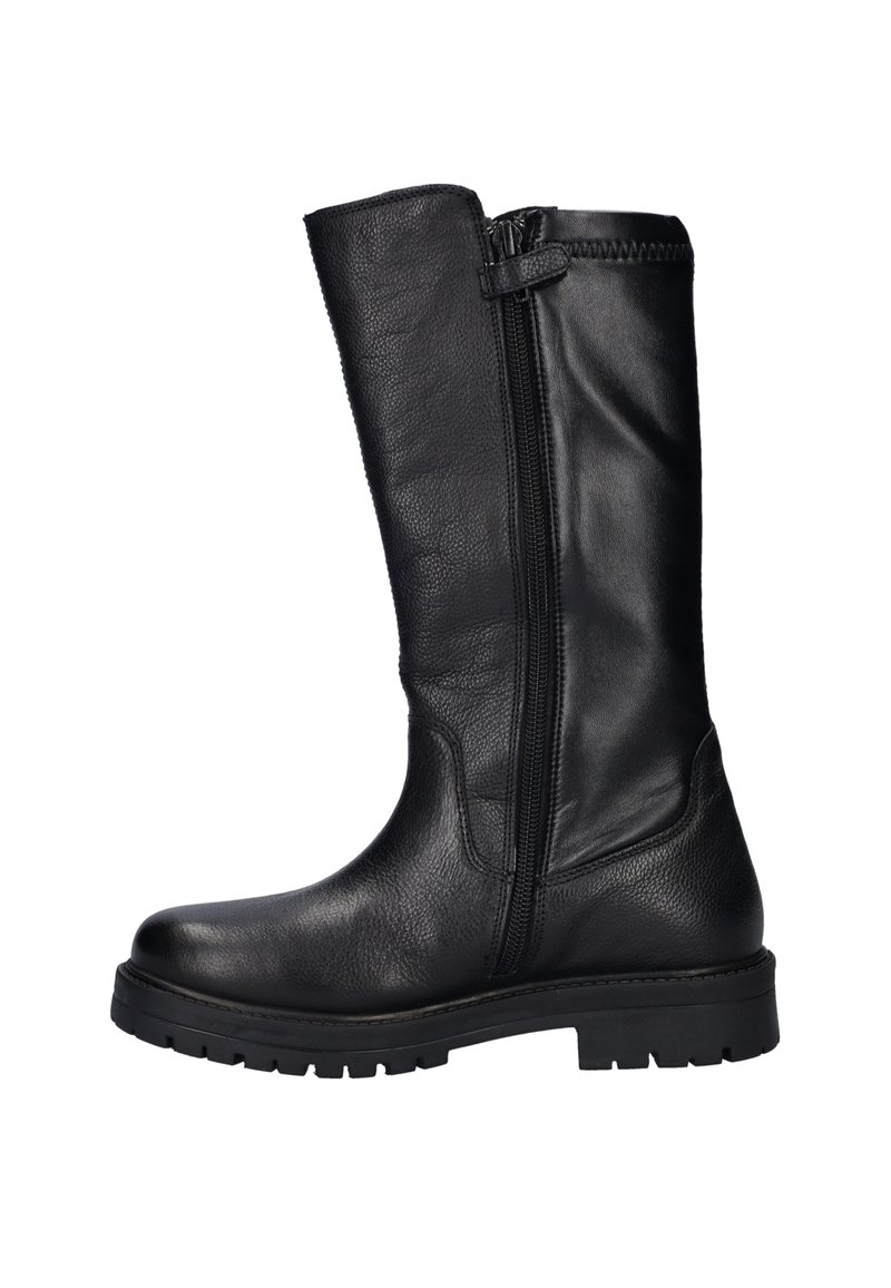 Zwarte leren kniehoge laars met een zijrits, ronde neus, chunky zool en een gestructureerde afwerking. Eenvoudig ontwerp met minimale hardware.