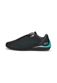 Chaussures de sport noires avec des détails en maille, des accents turquoise et un design épuré. Elles présentent un système de laçage et un col rembourré.