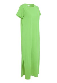 Robe longue vert citron à manches courtes avec col rond et fentes latérales, réalisée en tissu lisse.