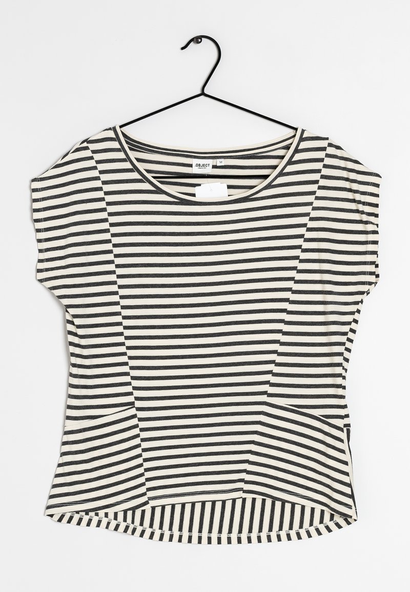 Camiseta de manga corta a rayas con rayas horizontales en blanco y negro, escote redondo y dobladillo curvado. Fabricada con material suave y ligero.