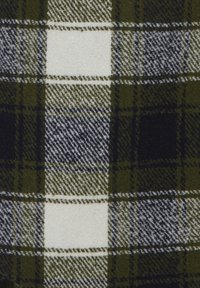 Green and white plaid textile with varying squares; features thick, soft fabric and contrasting dark threads creating a textured pattern.