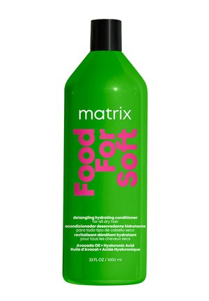 Green bottle of Matrix Food For Soft detangling hydrating conditioner with avocado oil and hyaluronic acid, 32 fl oz, for dry hair.