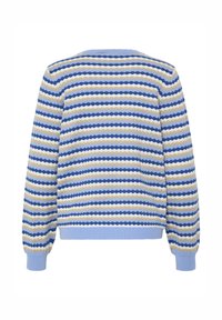 Pull tricoté avec des rayures horizontales en bleu, beige et crème. Motif texturé, col rond et poignets côtelés en bleu clair.