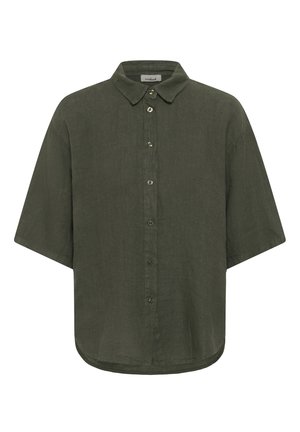 Camisa abotonada en verde oliva oscuro con mangas cortas y un ajuste relajado, con cuello clásico y dobladillo curvo.