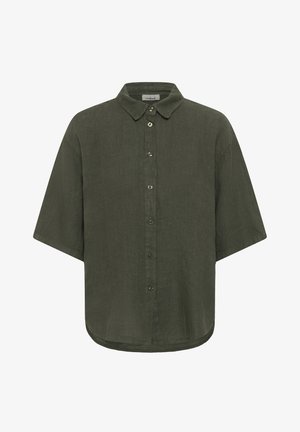 Camisa abotonada en verde oliva oscuro con mangas cortas y un ajuste relajado, con cuello clásico y dobladillo curvo.