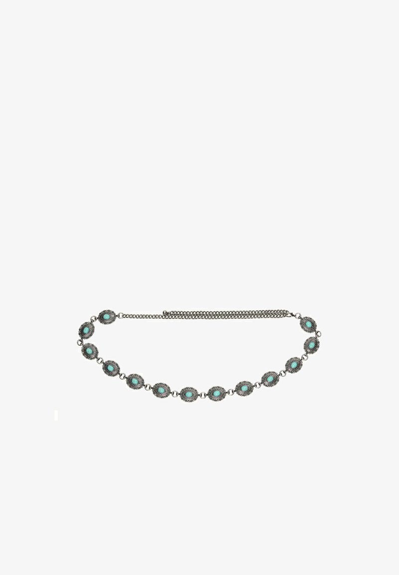 Ceinture chaîne en argent avec des pierres ovales turquoise reliées, entourées de détails métalliques complexes, dotée d'une fermeture à double chaîne.