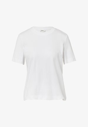 T-shirt bianco in cotone con colletto rotondo, maniche corte e orlo dritto. Texture liscia, senza motivi o dettagli visibili.