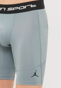 Lys grå træningsshorts med en sort elastisk taljebånd mærket "Jordan Sport" og et sort Jumpman-logo nederst til venstre.