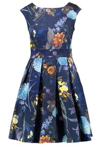 Robe sans manches bleu marine avec jupe ample, ornée d'un imprimé floral vibrant aux tons jaunes, orange, bleu et violet.
