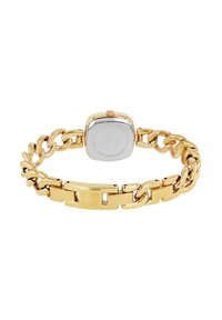 Goldfarbene Metallarmbanduhr mit quadratischem Zifferblatt, verknüpftem Kettenarmband und silberner Rückseite. Sie verfügt über eine auffällige Krone und rechteckige Akzente.