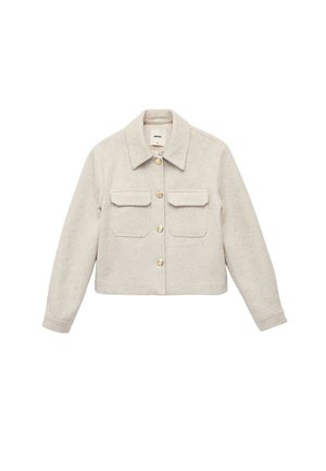 Beige Jacke im Cropped-Style aus weichem Stoff, mit Kragen, zwei vorderen Taschen und goldenen Knopfverschlüssen. Einfaches, strukturiertes Design.
