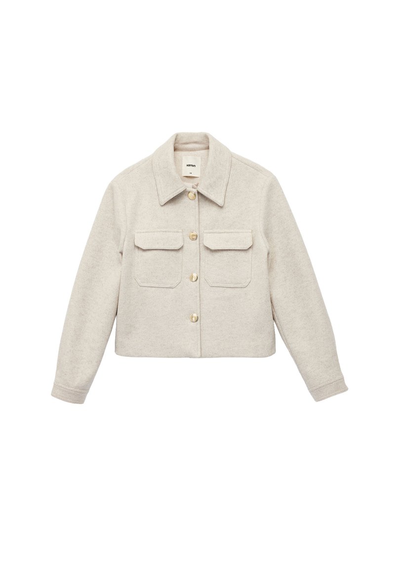 Beige Jacke im Cropped-Style aus weichem Stoff, mit Kragen, zwei vorderen Taschen und goldenen Knopfverschlüssen. Einfaches, strukturiertes Design.