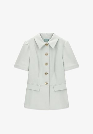 Lichtgrijs kort mouwen blazer met puntige kraag, vijf decoratieve gouden knopen en twee klepzakken aan de voorkant.