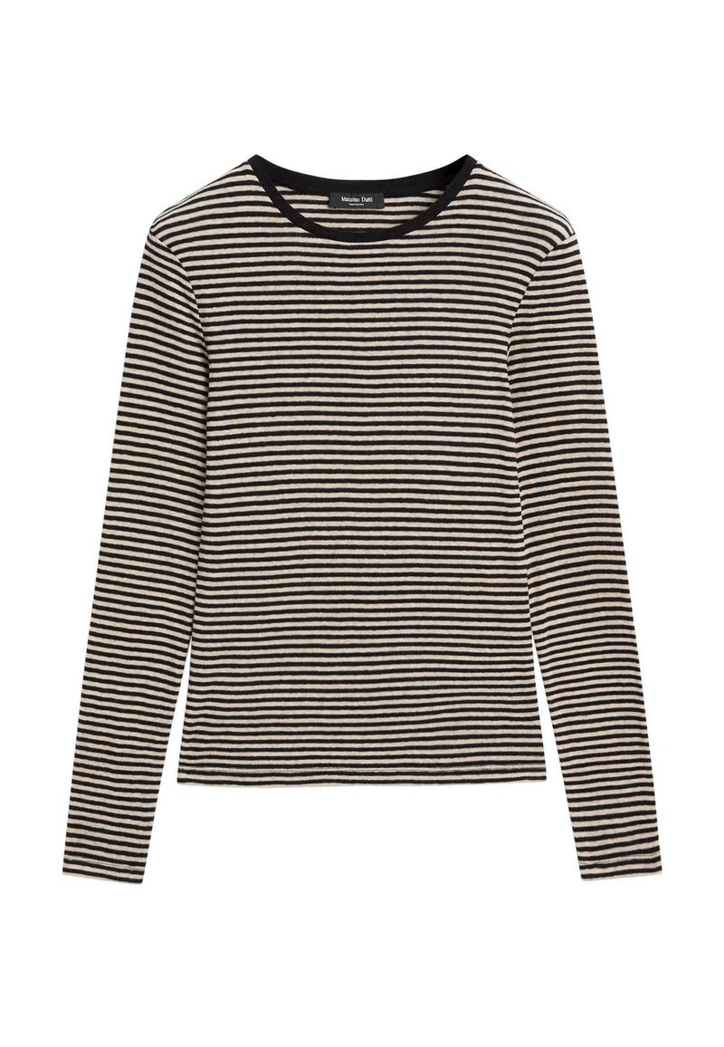 Bluzka z długim rękawem z materiału w paski, na przemian czarne i beżowe paski. Okrągły dekolt z czarną lamówką, miękka w dotyku, dopasowany krój.