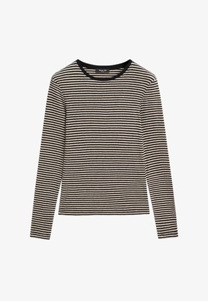 Top met lange mouwen van gestreepte stof, afwisselend zwarte en beige strepen. Ronde halslijn met een zwarte bies, zachte textuur, aansluitend ontwerp.