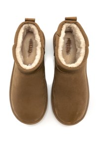 Bottines en daim marron avec une douce doublure en fausse fourrure beige, dotées d'une languette au niveau du talon et de semelles plates et texturées.