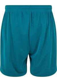 Mesh idrettsshorts i teal, med elastisk midjebånd, løs passform og perforert tekstur for pusteevne.