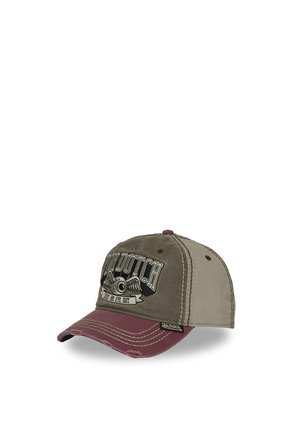 Czapka bejsbolowa z haftowanym logo Von Dutch i tekstem "Keep an eye out", w kolorach oliwkowozielonym i bordowym, z postrzępionym daszkiem.