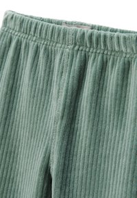 Pantalon en velours vert doux, présentant une texture côtelée verticale, une taille élastique et des coutures soignées le long des coutures.