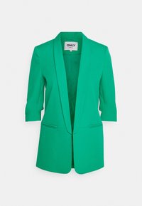 Zelený střižený blejzr s klopovým límcem, rukávy tříčtvrteční délky a dvěma předními kapsami. Vyroben z hladkého materiálu, má zapínání na jeden knoflík.