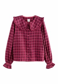 Sarkans un melns kvadrātains krekls ar lielu pūkainu apkakli, garām piedurknēm ar savilktām aprocēm un pogu aizdari. Mīksta auduma tekstūra.