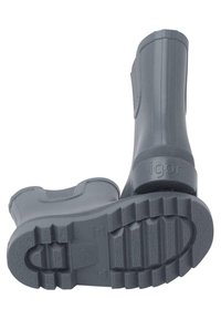 Bottes en caoutchouc imperméables grises avec une semelle nervurée, dotées d'une partie supérieure lisse et d'un panneau latéral texturé pour une meilleure adhérence.