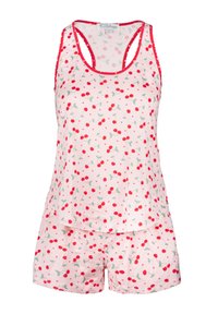 Růžové bavlněné pyžamo se stojáčkovým topem bez rukávů s potiskem červených třešní a odpovídajícími šortkami. Ozdobeno červenou krajkou. Měkčí textura.