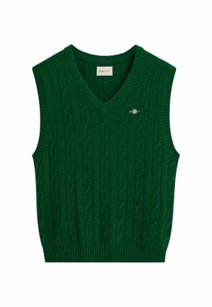 Green knitted vest with a v-neckline, featuring cable pattern detail and a small brand logo on the chest. Made from soft fabric.