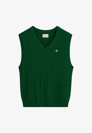 Gilet tricoté vert avec un col en V, présentant des détails en motif torsadé et un petit logo de marque sur la poitrine. Fabriqué en tissu doux.