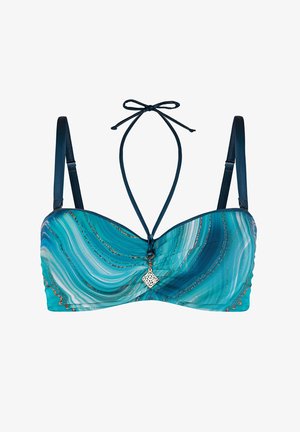 Bikini z górą w niebiesko-zielony wzór, z regulowanymi ramiączkami, wiązaniem na szyi i małym srebrnym ozdobnym elementem na środku przodu.