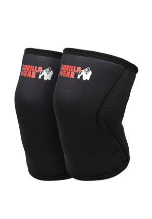 Een paar zwarte kniebeschermers met rode "GORILLA WEAR" tekst en wit gorilla-logo, ontworpen ter ondersteuning van de gewrichten tijdens fysieke activiteit.