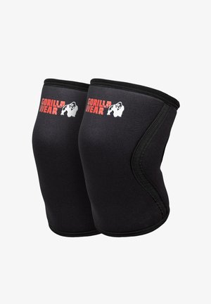 Een paar zwarte kniebeschermers met rode "GORILLA WEAR" tekst en wit gorilla-logo, ontworpen ter ondersteuning van de gewrichten tijdens fysieke activiteit.
