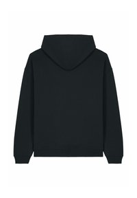 Zwarte hoodie met verstelbare trekkoorden, geribbelde boorden en zoom, zachte textuur, effen achterkant, losse pasvorm. Geen extra patronen of details.