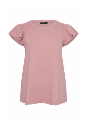 Zachte roze blouse met korte mouwen en wijd uitlopende mouwen, en een ronde halslijn, gemaakt van lichtgewicht stof.