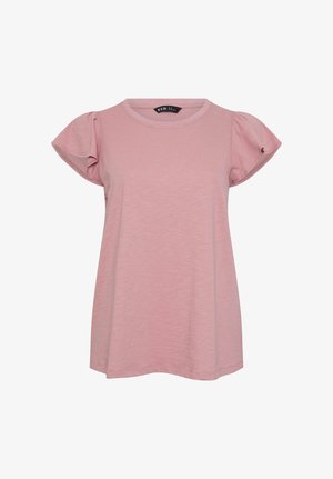 Zachte roze blouse met korte mouwen en wijd uitlopende mouwen, en een ronde halslijn, gemaakt van lichtgewicht stof.