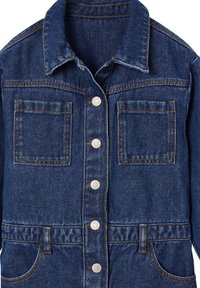 Denim jacket in dark blue with a collared neckline. Features silver hardware, two chest pockets, and a waistline with side pockets.